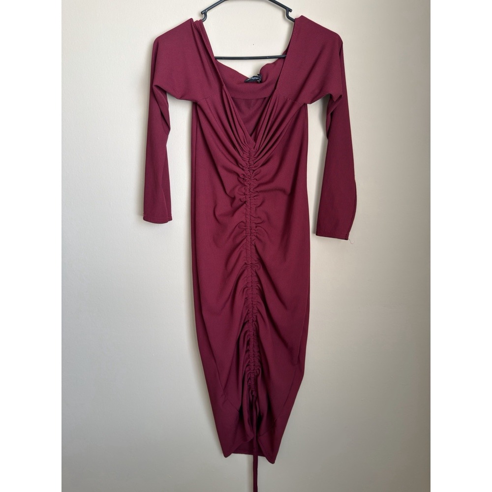 PrettyLittleThing Burgundy Ribbed Off Shoulder Ruched Drawstring Midi Dress S 10 - Picture 2 of 10